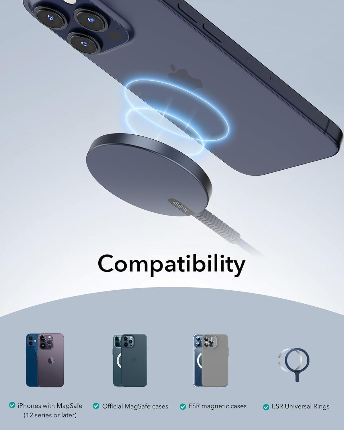 ESR Magsafe Charger Wireless Charger for Iphone 17/16/15/14/13/12 Series Apple Magnetic Charging Pad for Airpods 4/3/Pro/Pro 2 Galaxy S25 Series, Dark Blue image number 4
