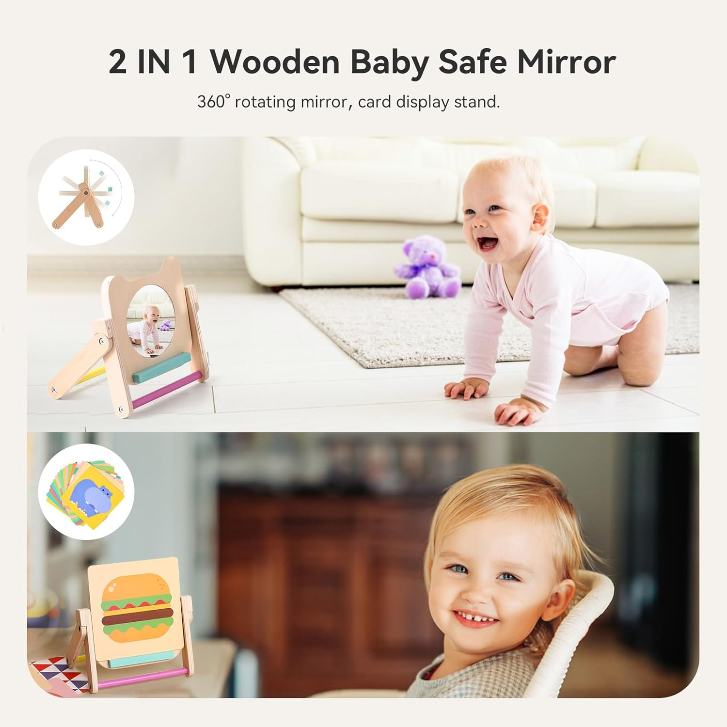 Rotating Baby Safe Mirror with 120 Pages Visual Stimulation Cards - Wooden Tummy Time Mirror Toys - Black White Red and Color High Contrast Baby Flashcards for Brain and Cognitive Development image number 4
