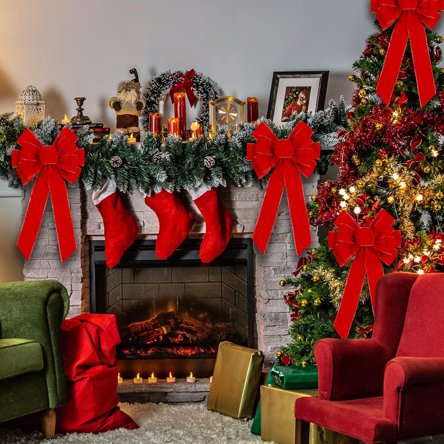 2 Pack Red Christmas Bows Outdoor Decorations,12&rdquo;X20&rdquo; Large Christmas Tree Topper Bow, Velvet Wreath Bow with Glitter Gold Edge for Xmas Home Front Door Decor - Beige image number 5