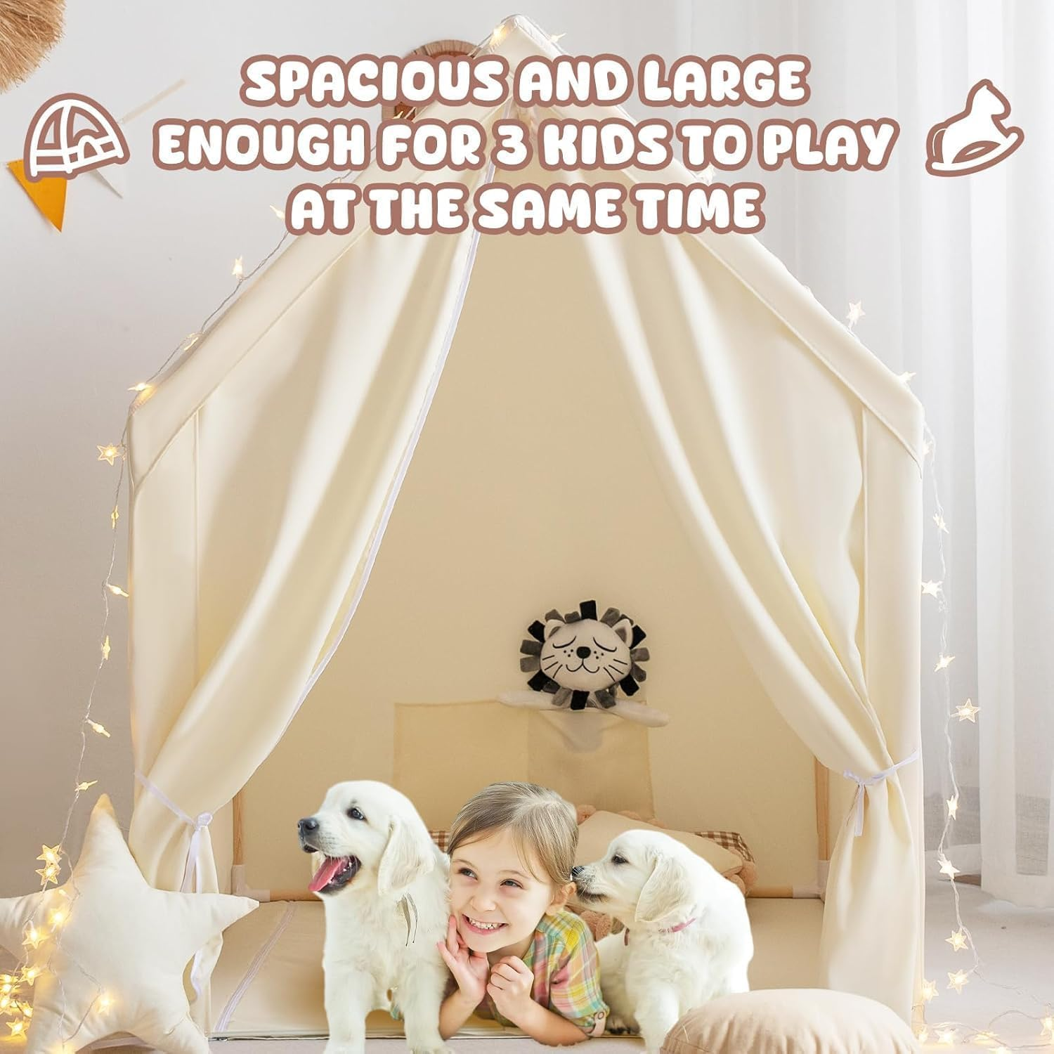 Large Kids Play Tent with Mat, Play Tent Indoor with Star Lights and Windows, Playhouse for Boys and Girls Aged 3+, Kid Tent Washable (With Mat) image number 4