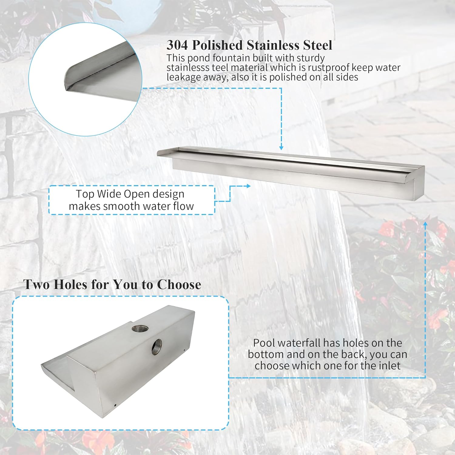 24 Inch Pool Fountain 304 Stainless Steel Waterfall Spillway with Pipe Connector Kits, Wider Water Flow Sheer Descent Platform Water Feature Fountain for Swimming Pool, Outdoor Garden Decor image number 4