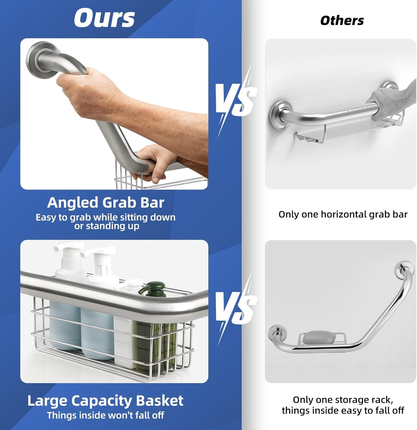 16 Inch Angled Grab Bar with Storage Basket, Handicap Grab Bar for Elderly, Stainless Steel, Grab Bars for Shower, Bathroom Mobility Aid, Heavy Duty 550Lbs Support image number 4