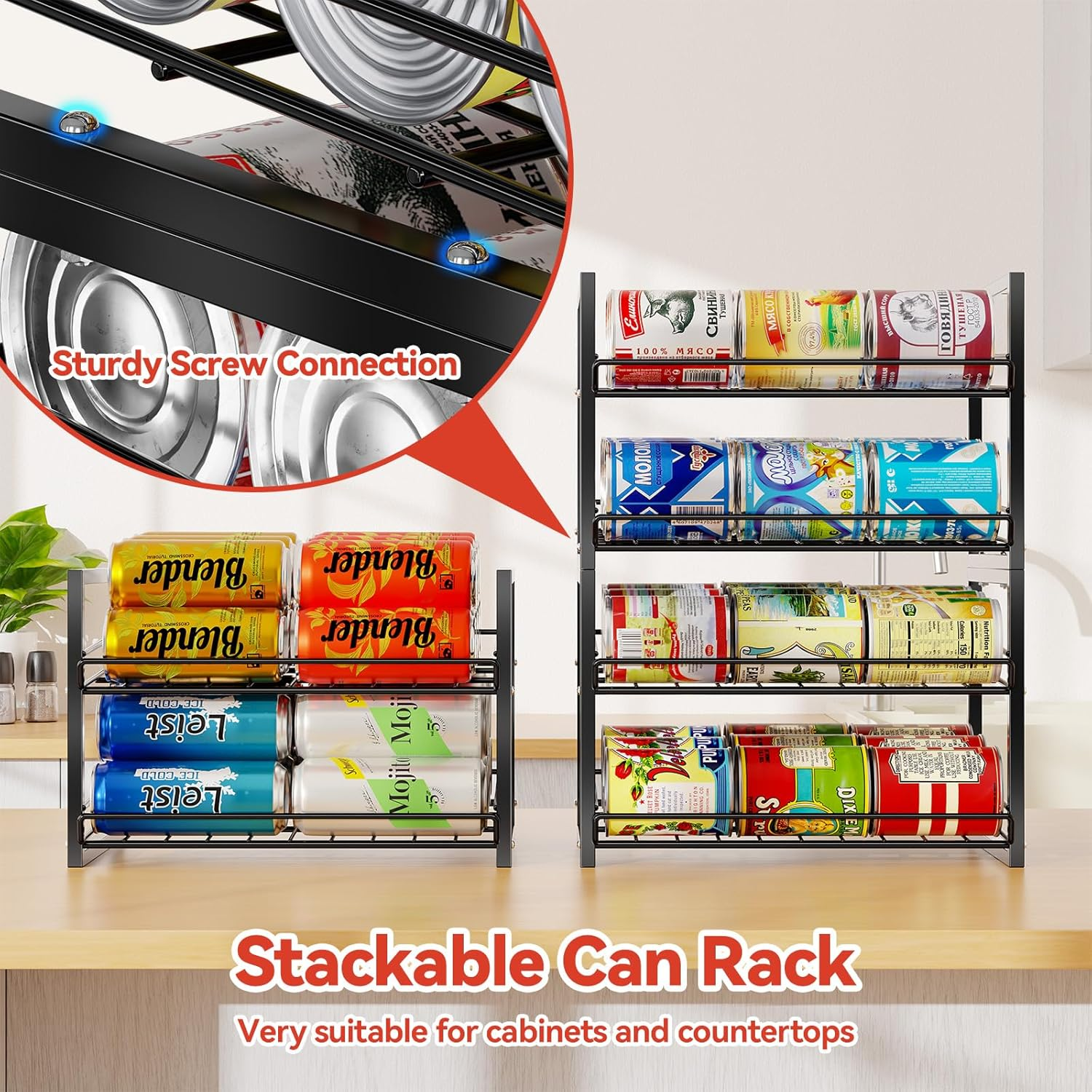 SUFAUY 4-Tier Stackable Rack Organizer for Pantry, Can Storage Holder for Various Ounces of Canned Food Soda Drinks, Can Dispenser Holds up to 50 Cans for Cupboard Cabinet, Black image number 6
