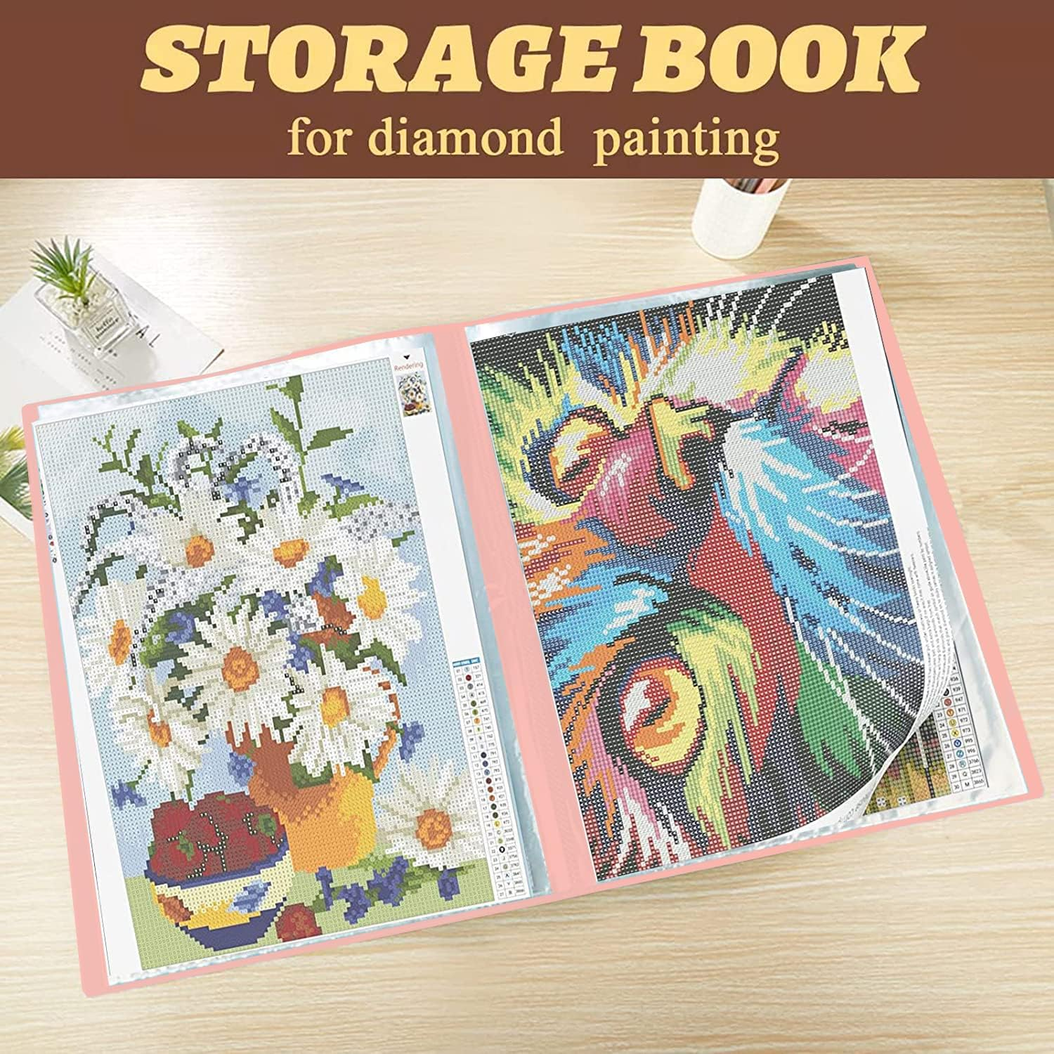 2Pcs A3 Diamond Art Painting Storage Book, Diamond Art Portfolio Folder with 30 Pags Clear Pocket Slevees Protectors, A3 Storage Book with Handle,Large Artwork Report Sheet Letter Poster Storage Bag - Blue image number 3