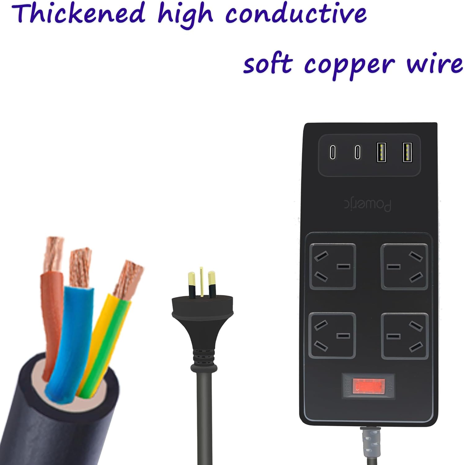 Powerjc Surge Protector Power Board 4 Socket Widely Outlets with 4 USB Ports(2 USB C), Power Strip with 2M Extension Cord image number 2