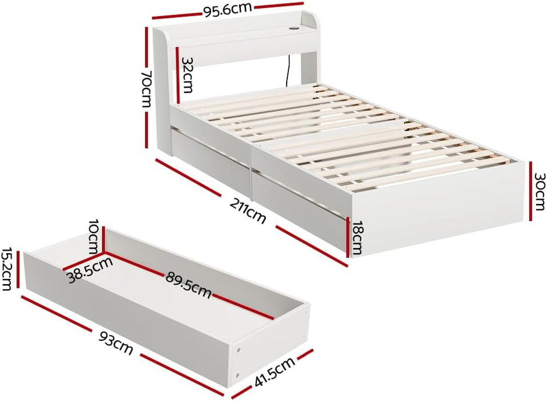 Artiss Single Bed Frame with Storage Headboard, Wooden Bed Base with 2 Storage Drawers, Solid Platform Bedframe with Charger, No Box Spring Needed for Guest Room, Bedroom Furniture, Easy Assembly image number 6