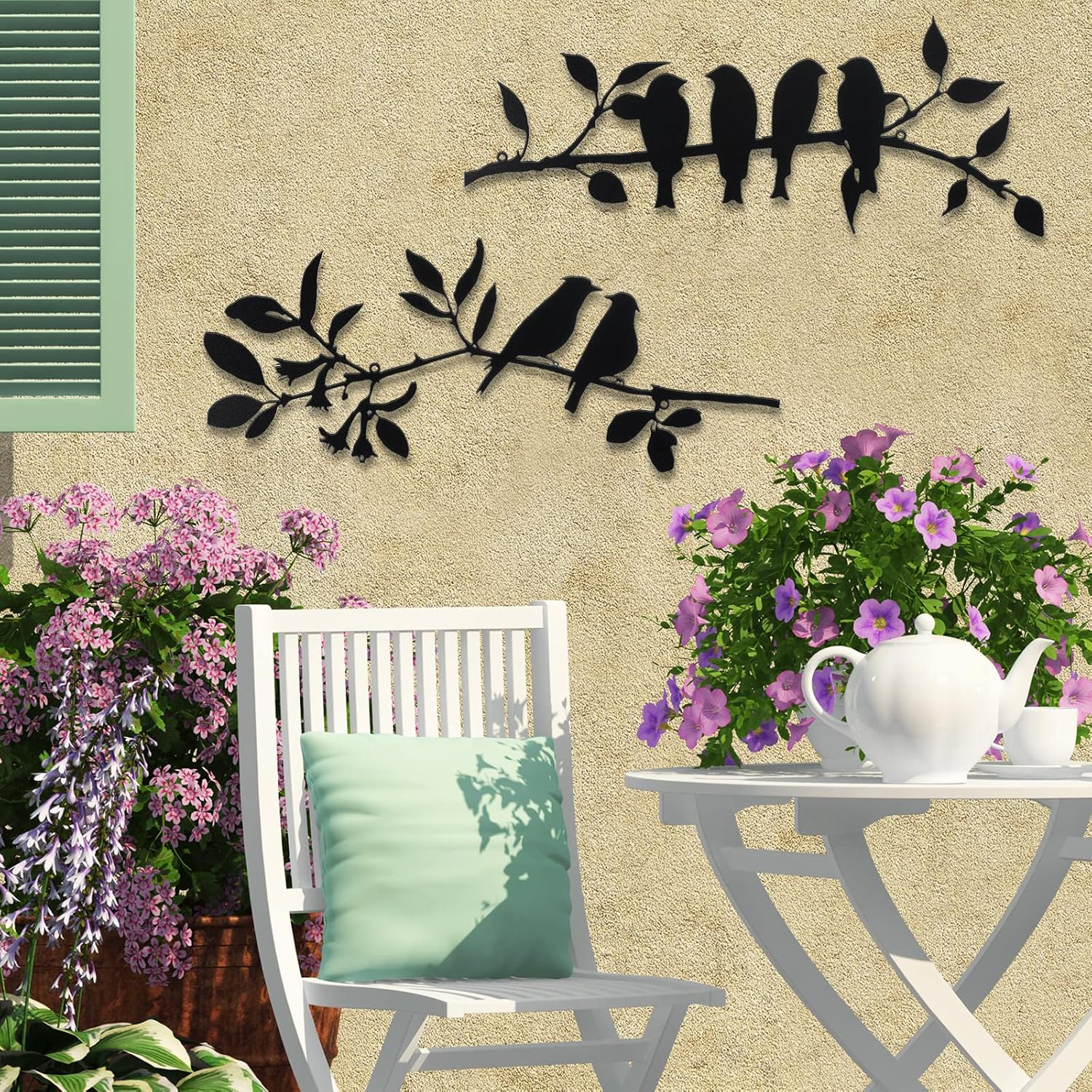 2 Pcs Metal Birds Wall Art - Vivid Birds on Branch, Hanging Leaves with Birds - Outdoor/Indoor Wall Decor, Rustic Bird & Leaf Decor for Balcony or Garden (Color: image number 4