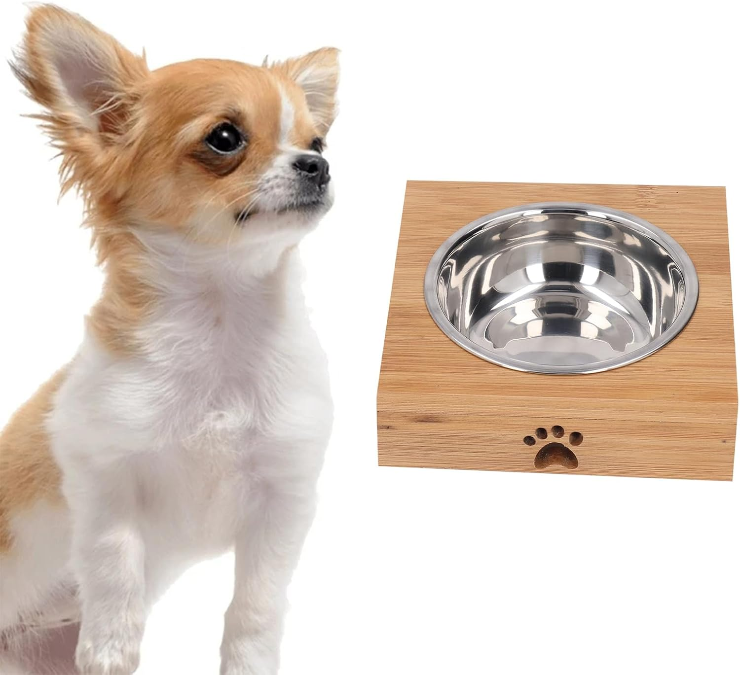 Esenlong Pet Feeding Bowl, Elevated Cat Feeding Bowl, Non-Slip Stainless Steel Feeding Bowl with Bamboo Wood Stand for Cats and Dogs (Single Bowl)