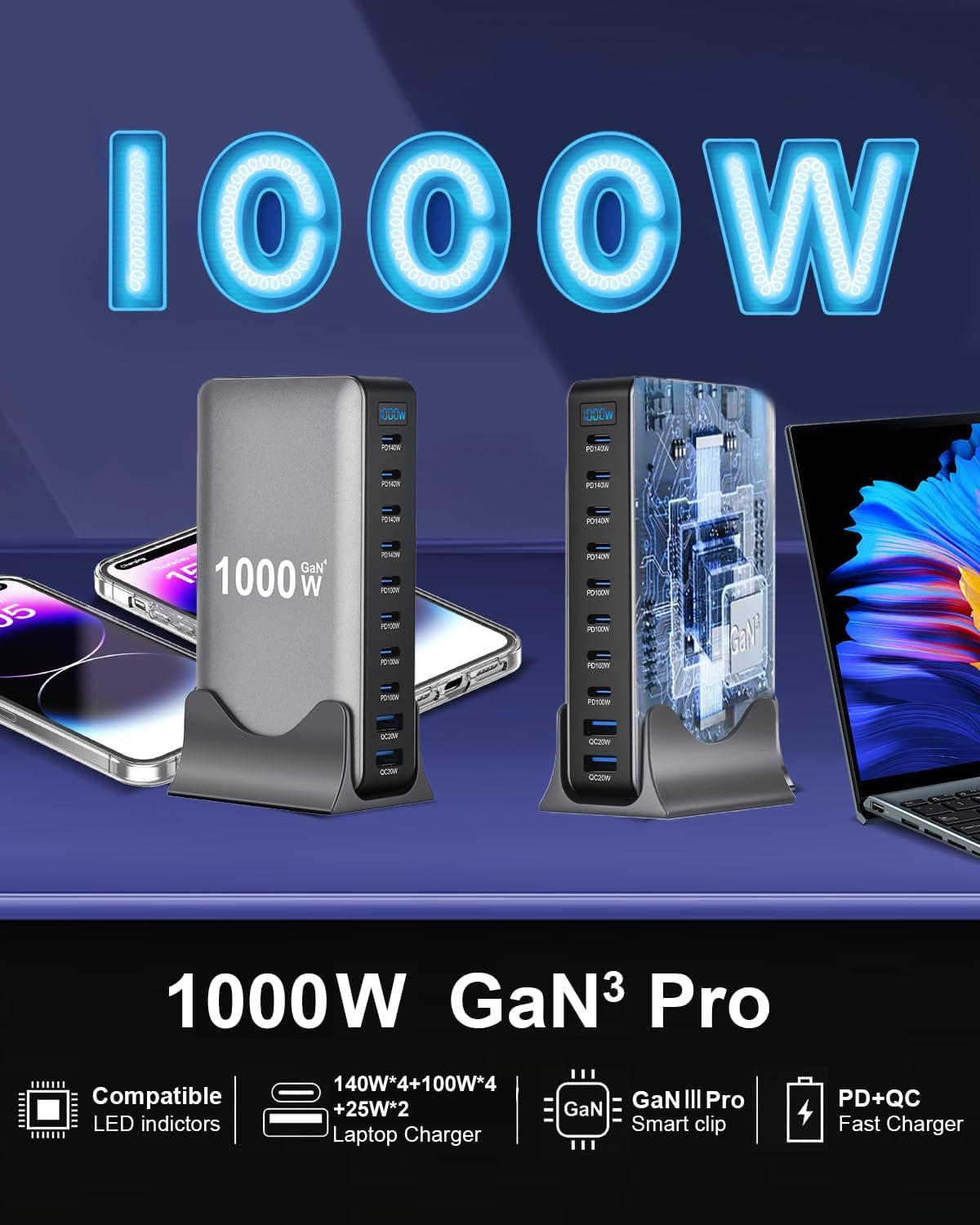 1000W USB C Fast Charger Block,10 Port USB Charging Station,Gan III 10-Port Fast Charging Station Hub,Pd 3.1 140W Laptop Charger Adapter Compatible with Macbook,Dell,Steam Deck,Iphone Galaxy