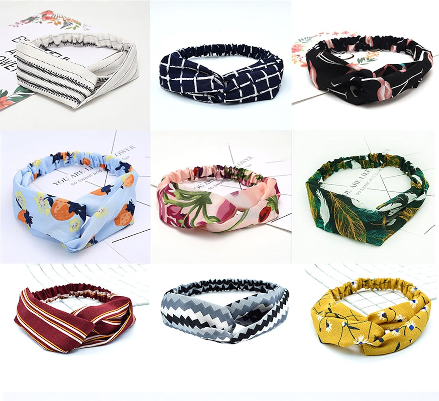 Headbands for Women,Hair Band Boho Knotted Headwraps Mixed Printed Twisted Bow Hairbands, Vintage Floral Polka Dot Wide Hair Hoops Girls Hair Accessories for Daily Wearing Dating Sports (Dark Blue) image number 1