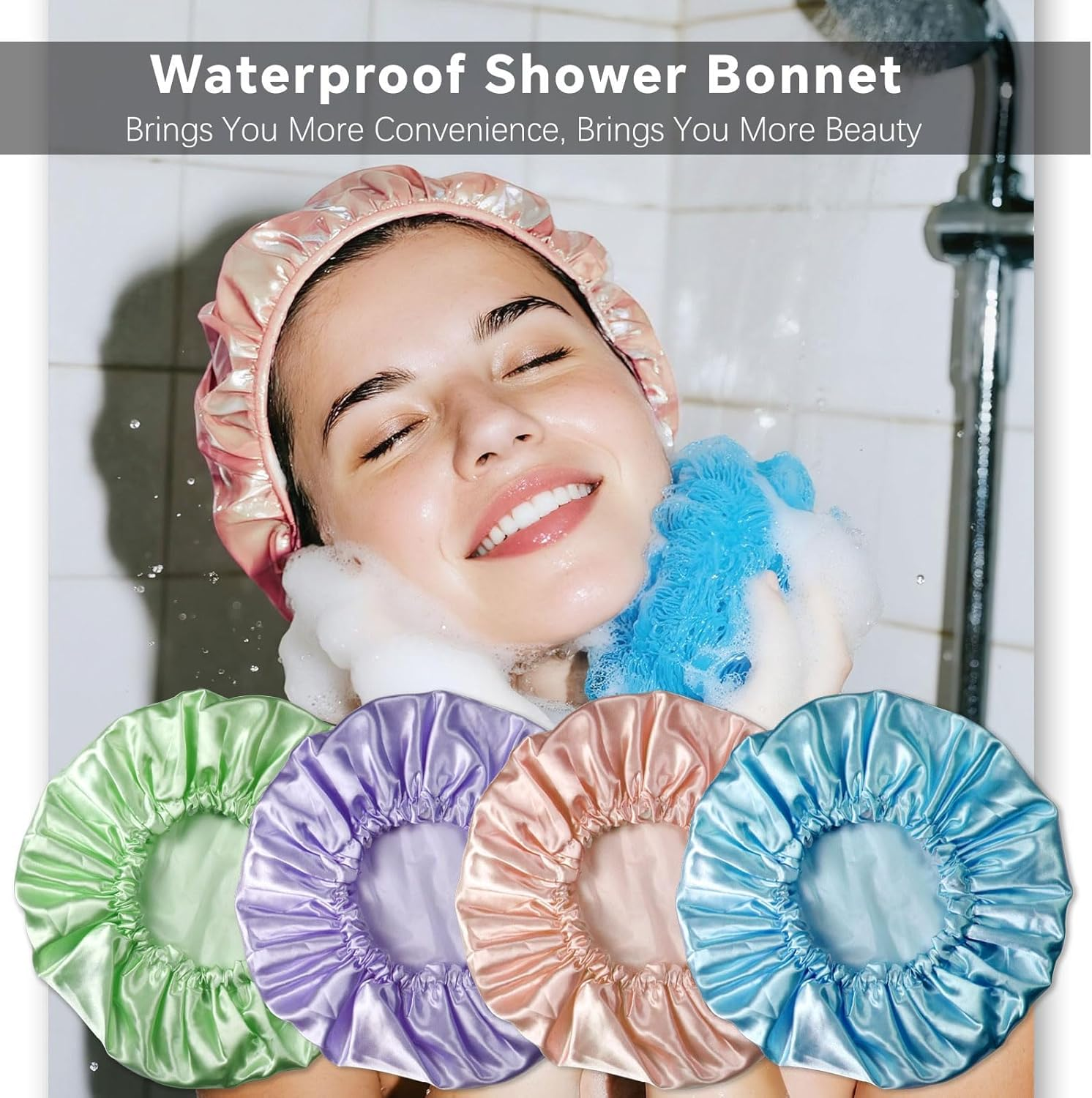 Weidllys Bath Shower Caps for Women Reusable Waterproof, 4 PCS Double Layers Shower Hair Cap, Elastic and Reusable Hair Cap, Environmental Protection Bathing Hat for Women image number 5