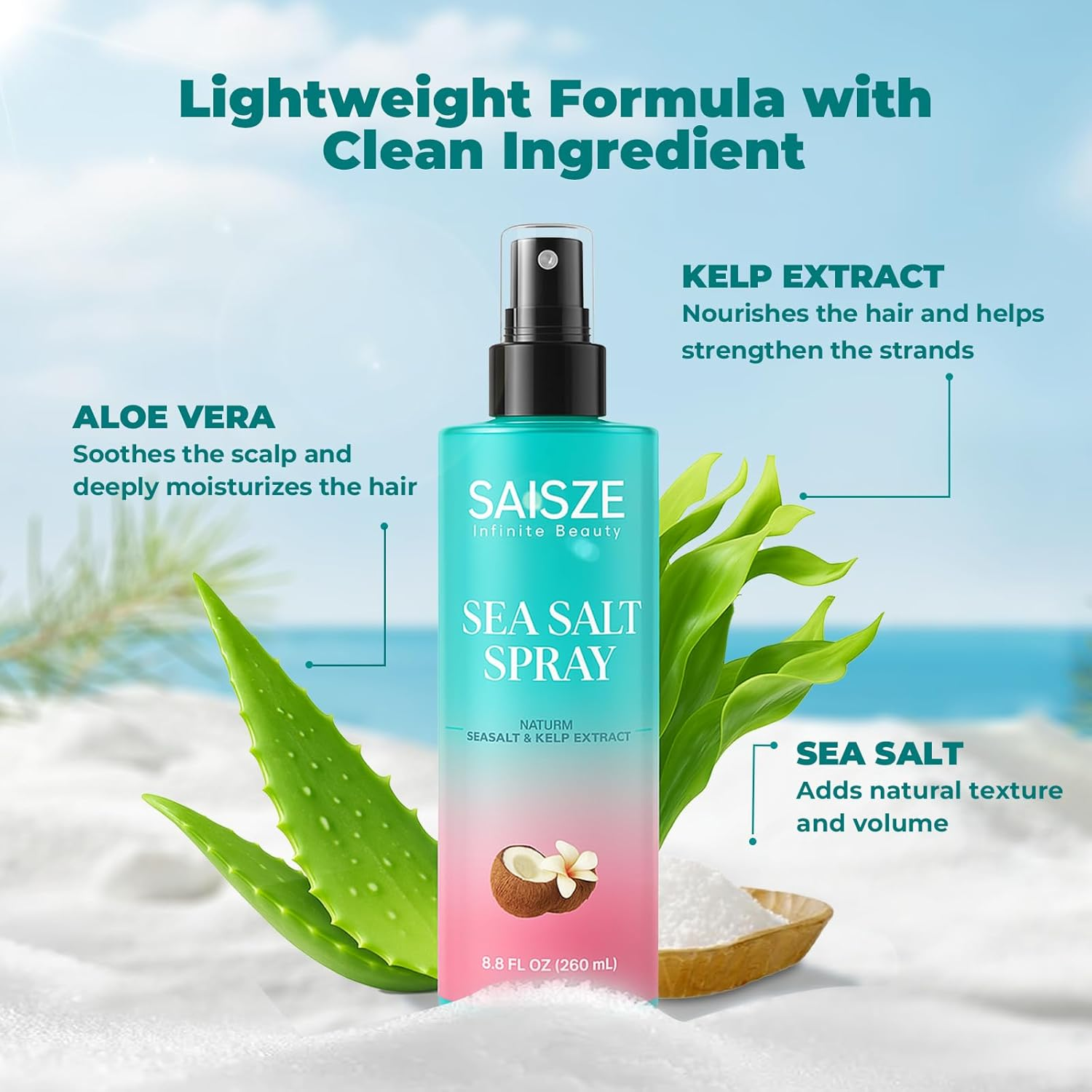 SAISZE Sea Salt Spray for Women and Men, Coconut Aroma, Texturizing and Volumizing Salt Water Texture Spray, Effortlessly Achieve Beachy, Wavy and Curly Hair, 8.8 Oz image number 2