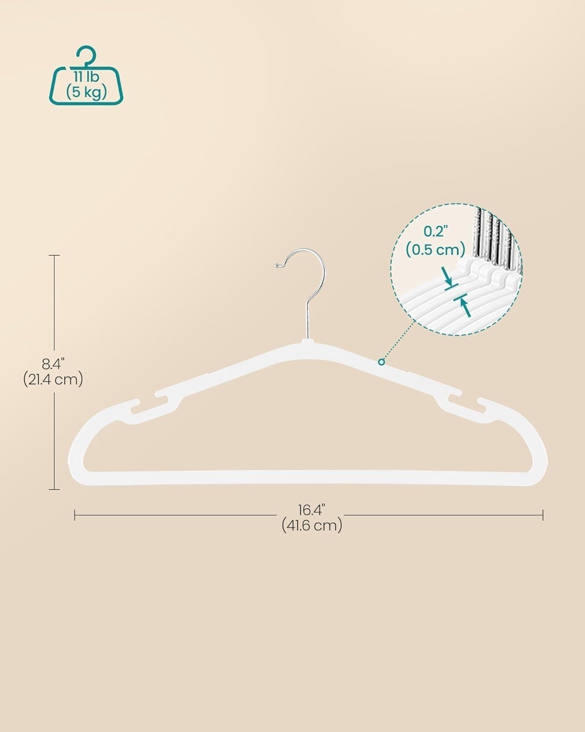 SONGMICS Coat Hangers, Pack of 50, Heavy-Duty Plastic Hangers, with Wide Shoulder Notches, Trousers Bar, 360&deg; Swivel Hook, Space-Saving, 41.6 X 21.4 Cm, for Wardrobe, Cloud White UCRP060W01 - Cloud White image number 2