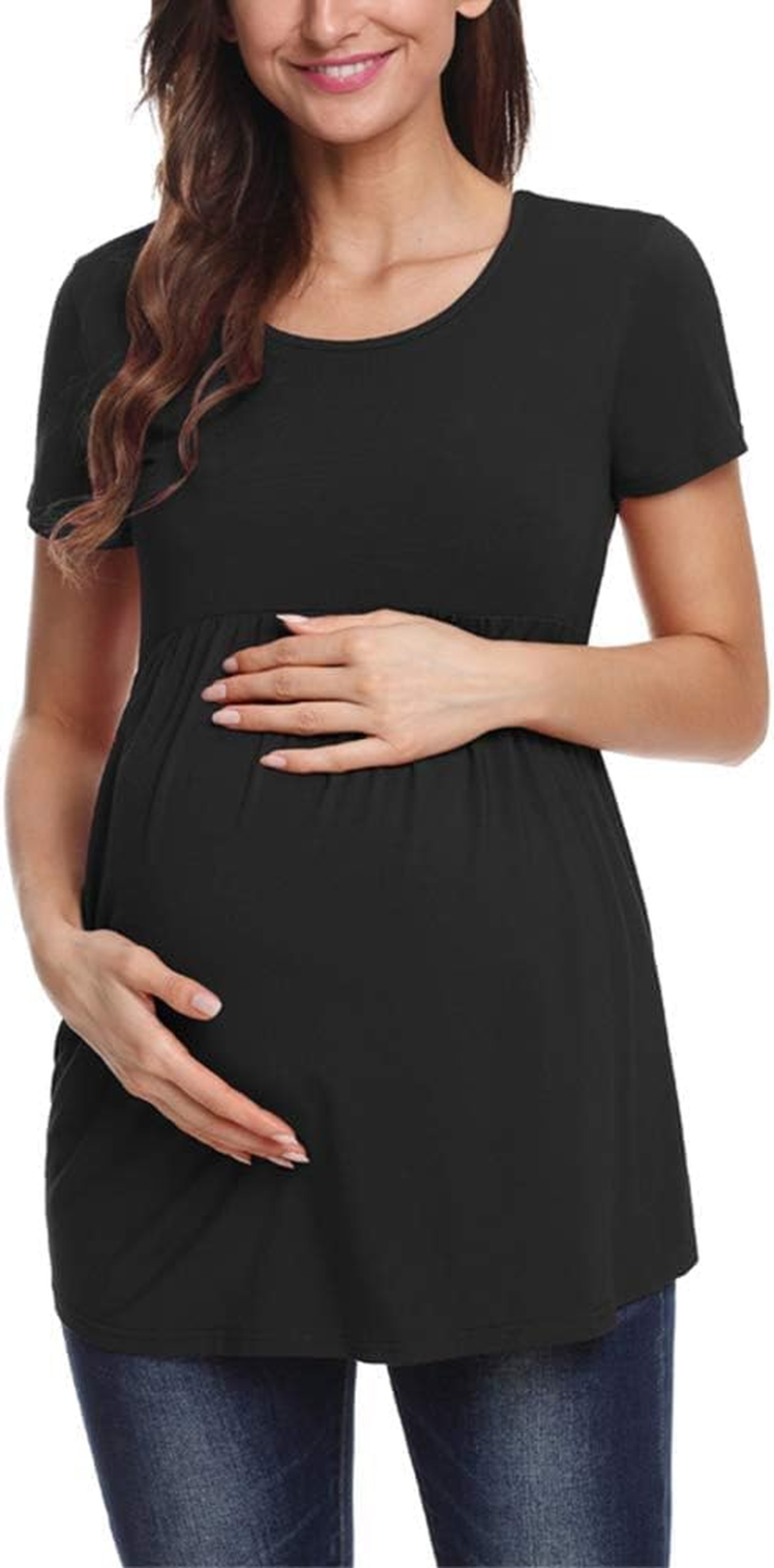 Liu & Qu Women'S Maternity Shirts 3 Pack Short Sleeve Side Ruched Stretchy round Neck Pregnancy Tops image number 1