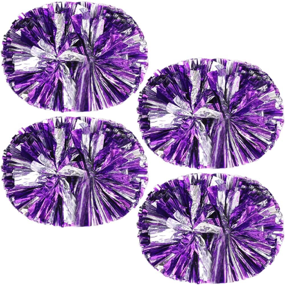 4 Pack Cheerleading Pom Poms,Metallic Cheer Pom Poms with Training Baton Handle for Team Sport Spirit Squad Bulk Cheerleaders(Purple and Silver)