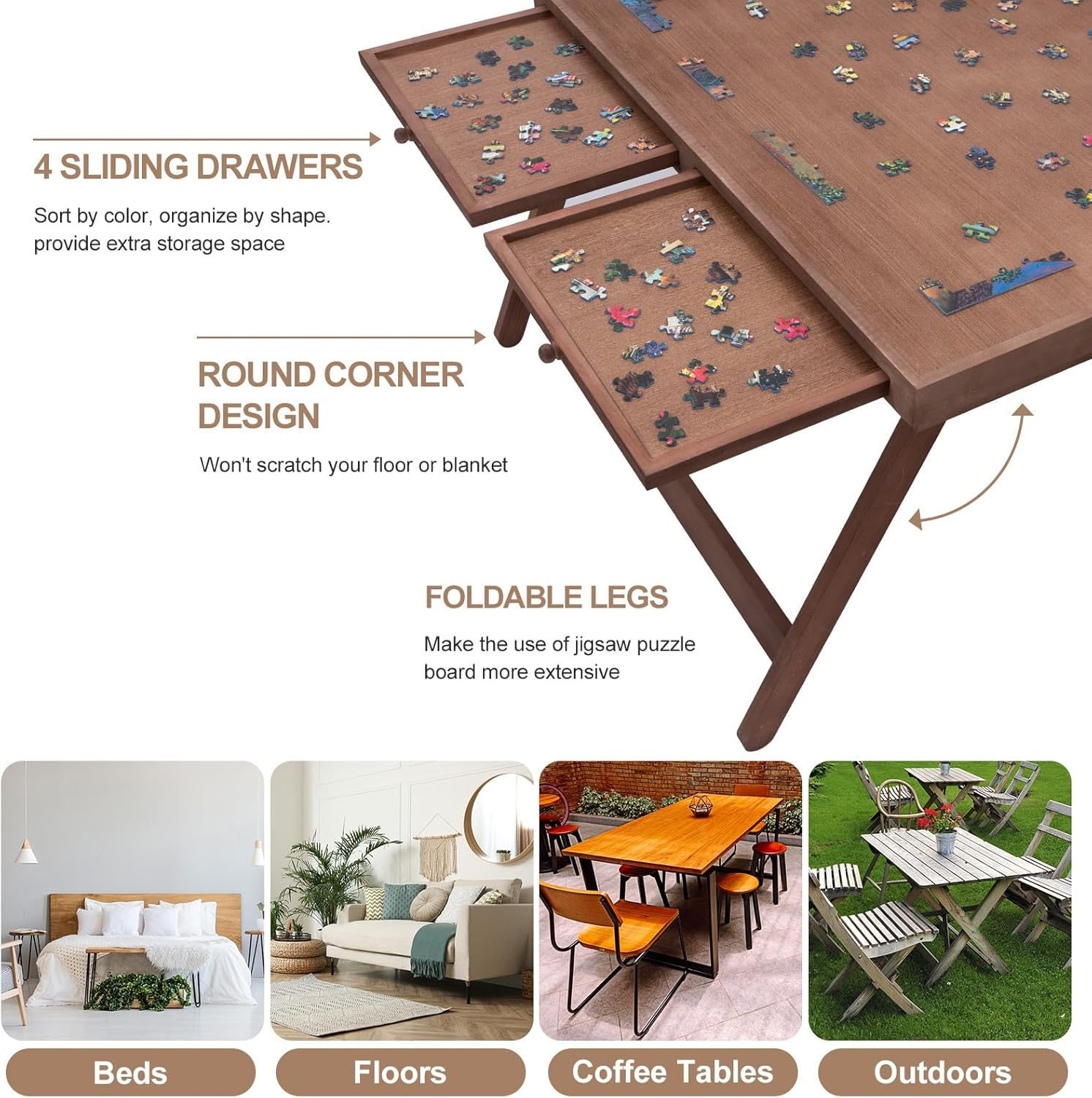 TEAKMAMA 1500 Piece Wooden Jigsaw Puzzle Board with 4 Drawers, Folding Puzzle Table with Protective Cover, Multifunctional Puzzle Board for Adults, 34W X 26.3D, Chocolate Brown image number 5