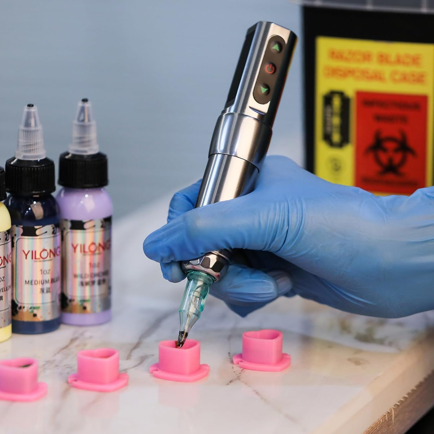 Heart-Shaped Tattoo Ink Cups with Base Pink, 200Pcs Pink Heart Design Silicone Ink Cups, Silicone Tattoo Ink Holders image number 4