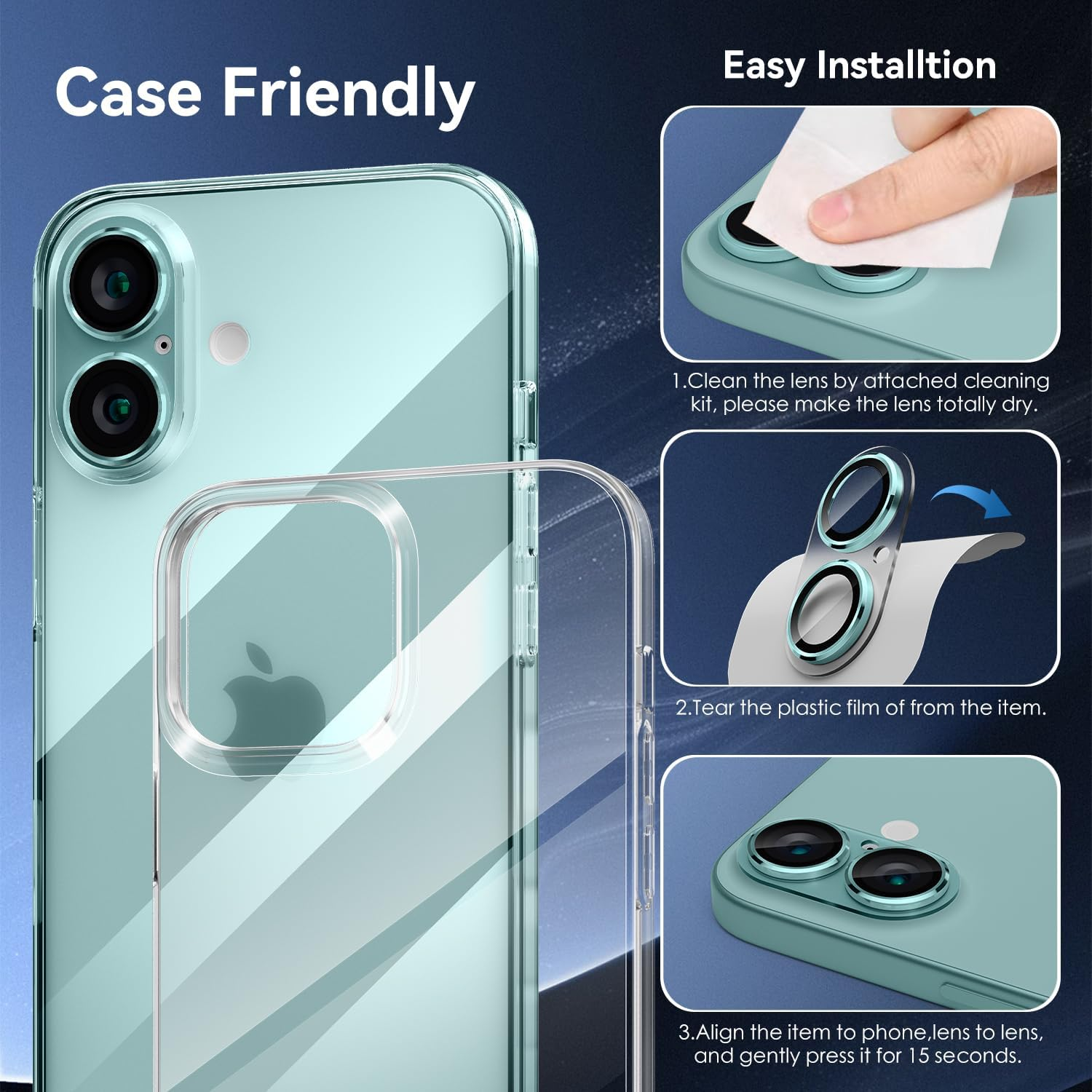 Cloudvalley for Iphone 16 /Iphone 16 plus Camera Lens Protector [With Tranparent Full Coverage Base], [AR+AF 98% Transmittance] Anti-Scratch Tempered Glass Cover, HD Clear Screen Protective,Teal - White image number 2