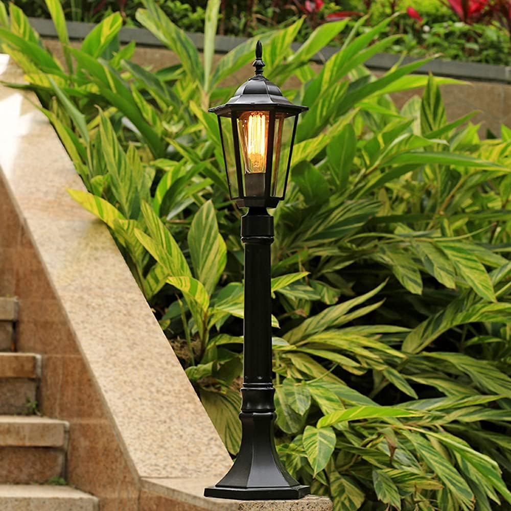 Retro Outdoor Post Light, 80Cm Garden Lamp, Black Metal with Glass Panels, E27 Base (B)