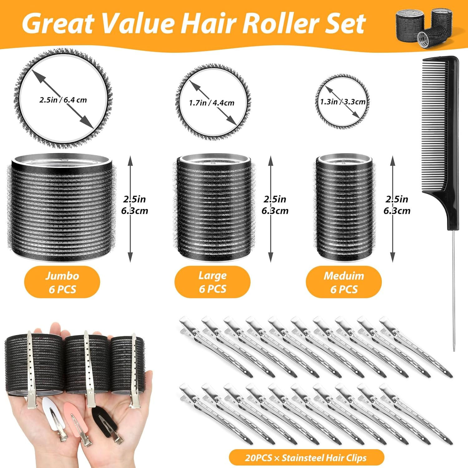 39PCS Self Grip Hair Rollers Curlers 3 Sizes Black Hair Roller 2.5In, 1.9In, 1.4In, Jumbo Curlers Roller with 12PCS Duckbill Clips Hair Rollers for Long Medium Short Thick Fine Volume Bangs image number 6