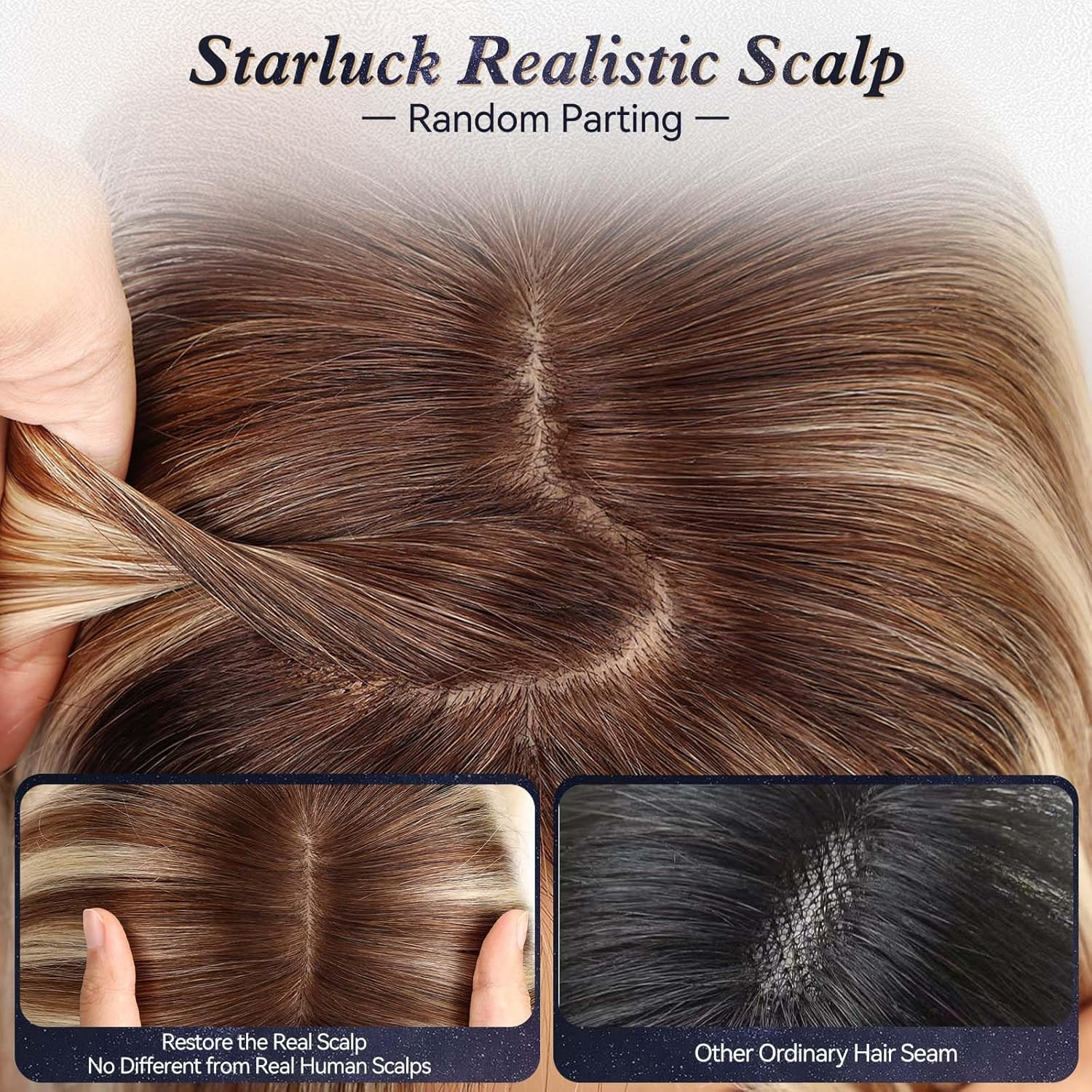 5X5 Inch Lage Silk Base 14 Inch Real Human Hair Toppers, 60G, 100% Real Hair Toppers for Women with Hair Loss (Brown Blonde Mixed with Dark Brown Roots, No Bangs) image number 3