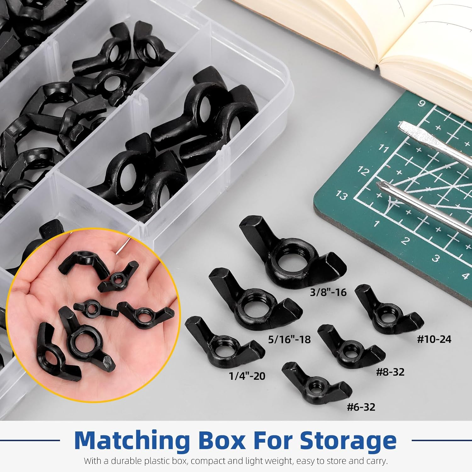 Glarks 125Pcs 6 Sizes Black Wing Nuts Assortment Kit, 3/8&rsquo;&rsquo;-16, 5/16&rsquo;&rsquo;-18, 1/4&rsquo;&rsquo;-20, #10-24, #8-32, #6-32 High Strength Carbon Steel Butterfly Nuts, Wing Bolt Fasteners image number 1