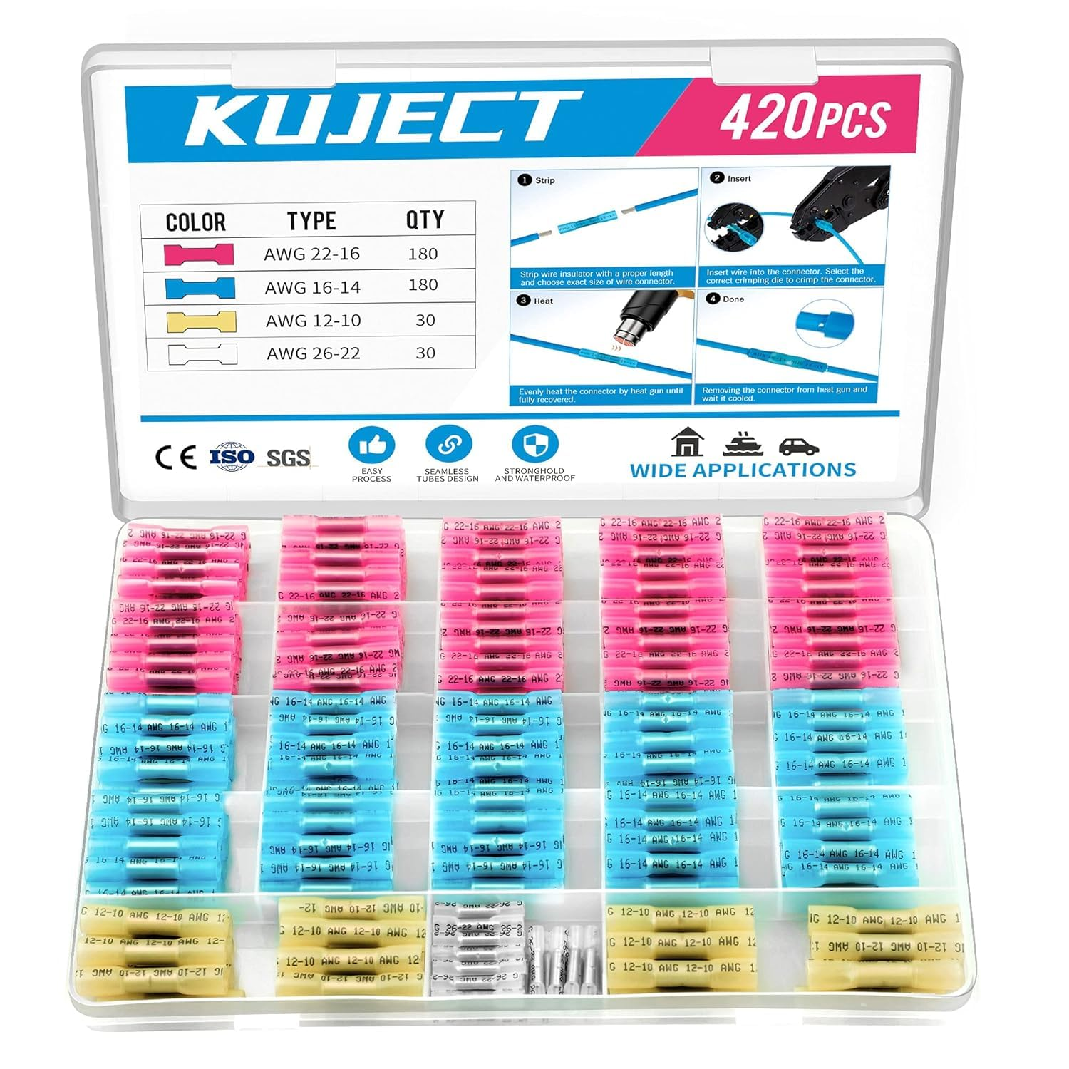 Kuject 420PCS Heat Shrink Butt Connectors, 4 Sizes Insulated Waterproof Wire Connector Kit, Tinned Copper Electrical Crimp Connectors for Automotive Marine Boat Truck Stereo Joint image number 1