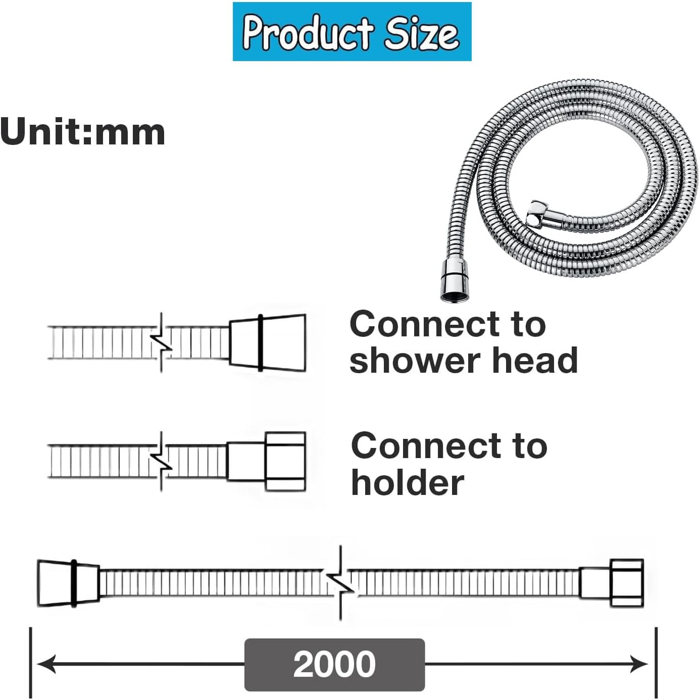 Yharnamite Shower Hose, 2M Stainless Steel Universal Shower Pipe Anti-Kink, Standard Replacement Hose, Explosion-Proof, Anti-High Pressure, High Temperature Resistant, Leak Proof Hose image number 4