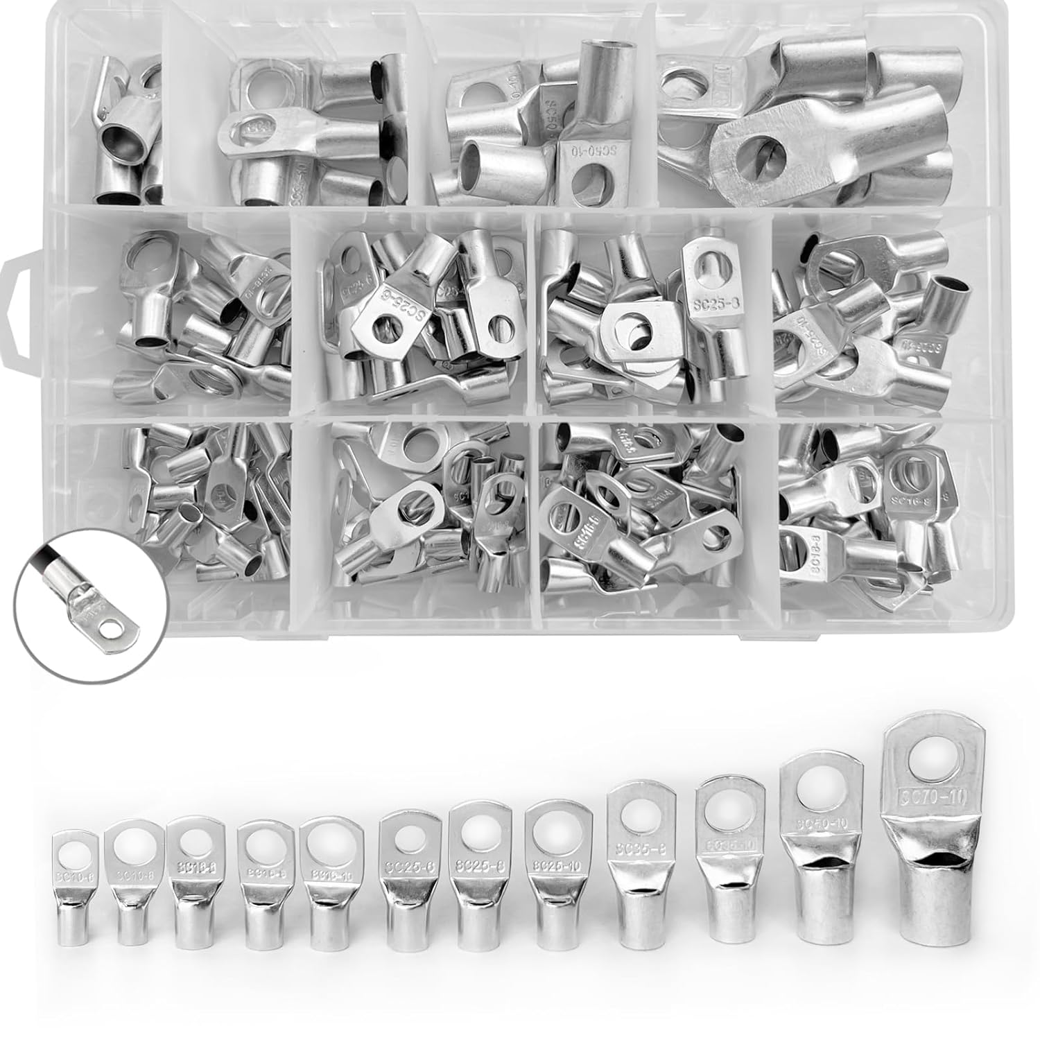 120PCS Heavy Duty Tinned Battery Cable Ends, 10~70Mm&sup2; Copper Eyelets Tubular, Wire Lugs Ring Terminals Connectors with Spy Hole Assortment Kit image number 6