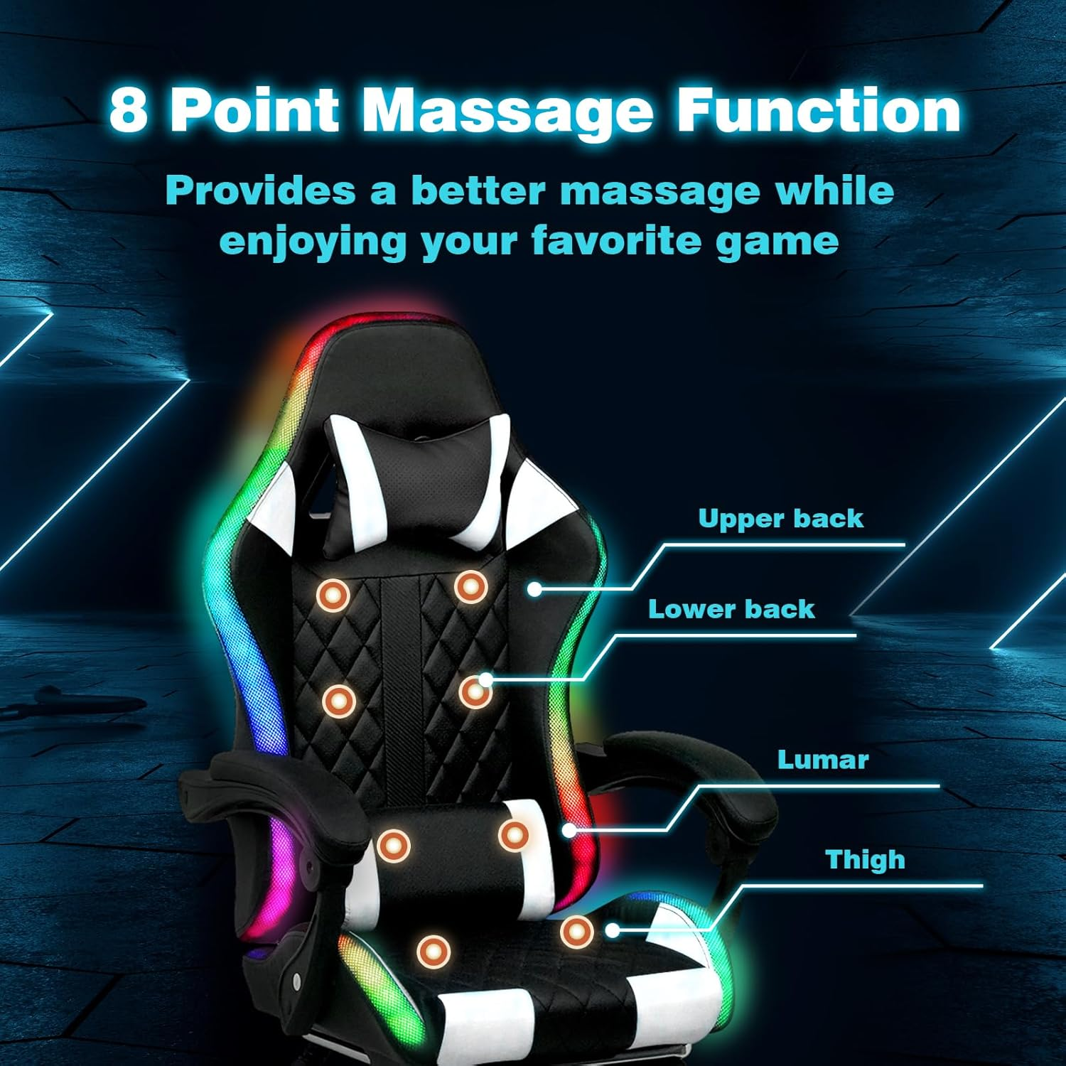 Ufurniture Gaming Office Chair RGB LED Lights,High Back Massagers Racing Recliner with Footrest,Ergonomic Executive Computer Chair with Lumbar Support,360&deg;Swivel,10Cm Height Adjustment Black & White - Full Black image number 4