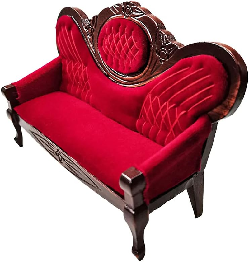 Hiawbon 1:12 Miniature Mini House Furniture Vintage Red Wooden Carved Sofa for Miniature House Accessories Furniture Decoration Birthday image number 3