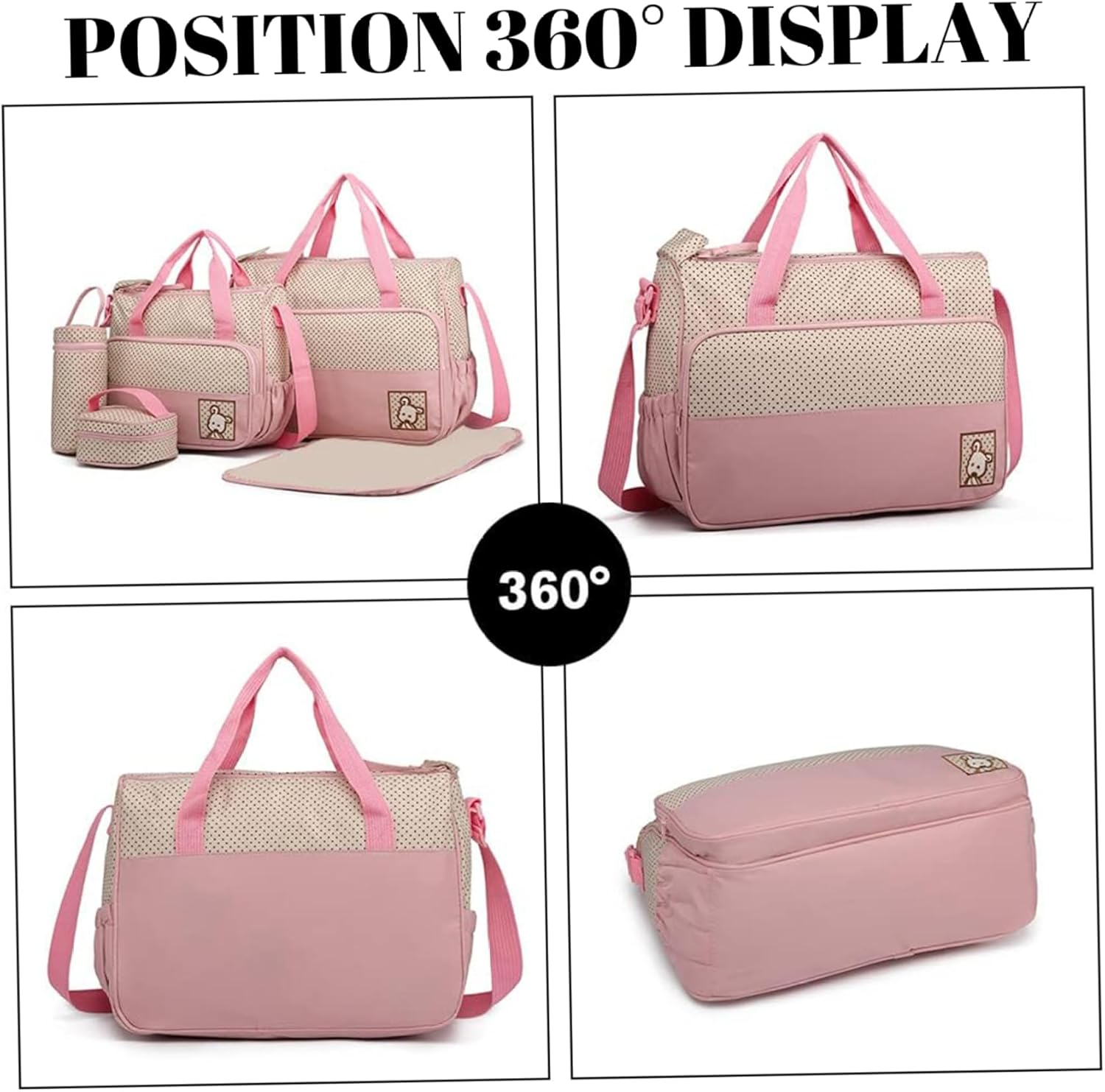 Diaper Bags for Baby, 5PCS Water & Dust Proof Diaper Bag Set with Two Handbags, Bottle Bag, Small Lunch & Mat, Portable Baby for Parents (Pink) image number 1