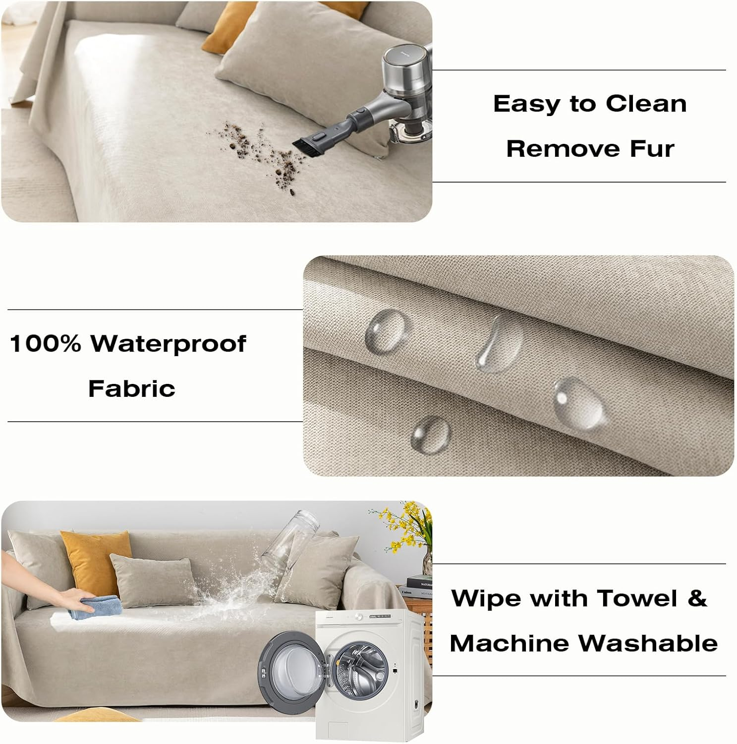 STACYPIK Waterproof Beige Sofa Cushion Covers Dog Couch Cover for 3-4 Cushion Couch Water Resistant Slipcover Furniture Protector Non-Slip Pet Protector Cover Leak Proof Couch Cover-71X134In image number 3