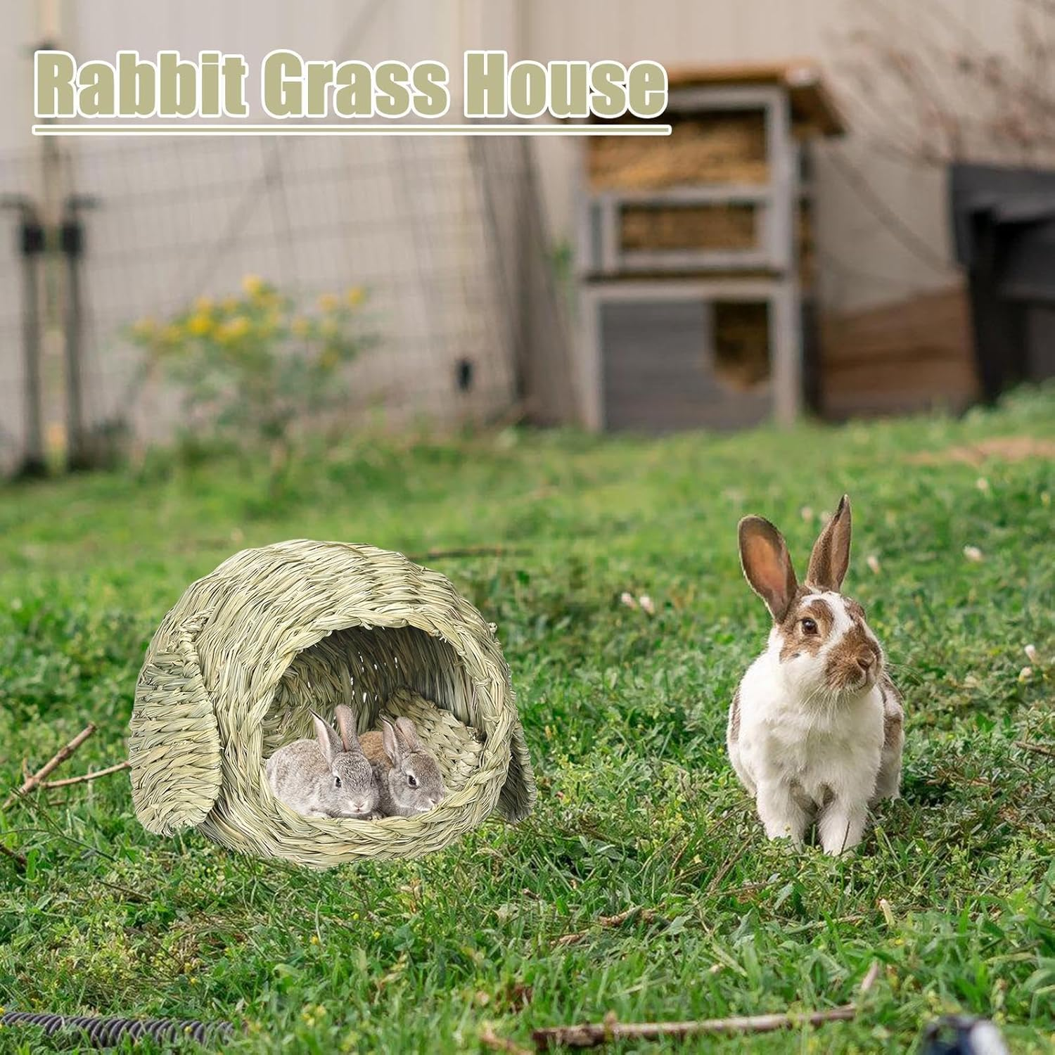 Grass House for Rabbits - Naturally Manufactured Animal Shelter, Comfortable Animals Hut Play Hideaway Bed Hay Mat Chew Toy for Bunny Guinea Pig Hamster Chinchilla image number 6