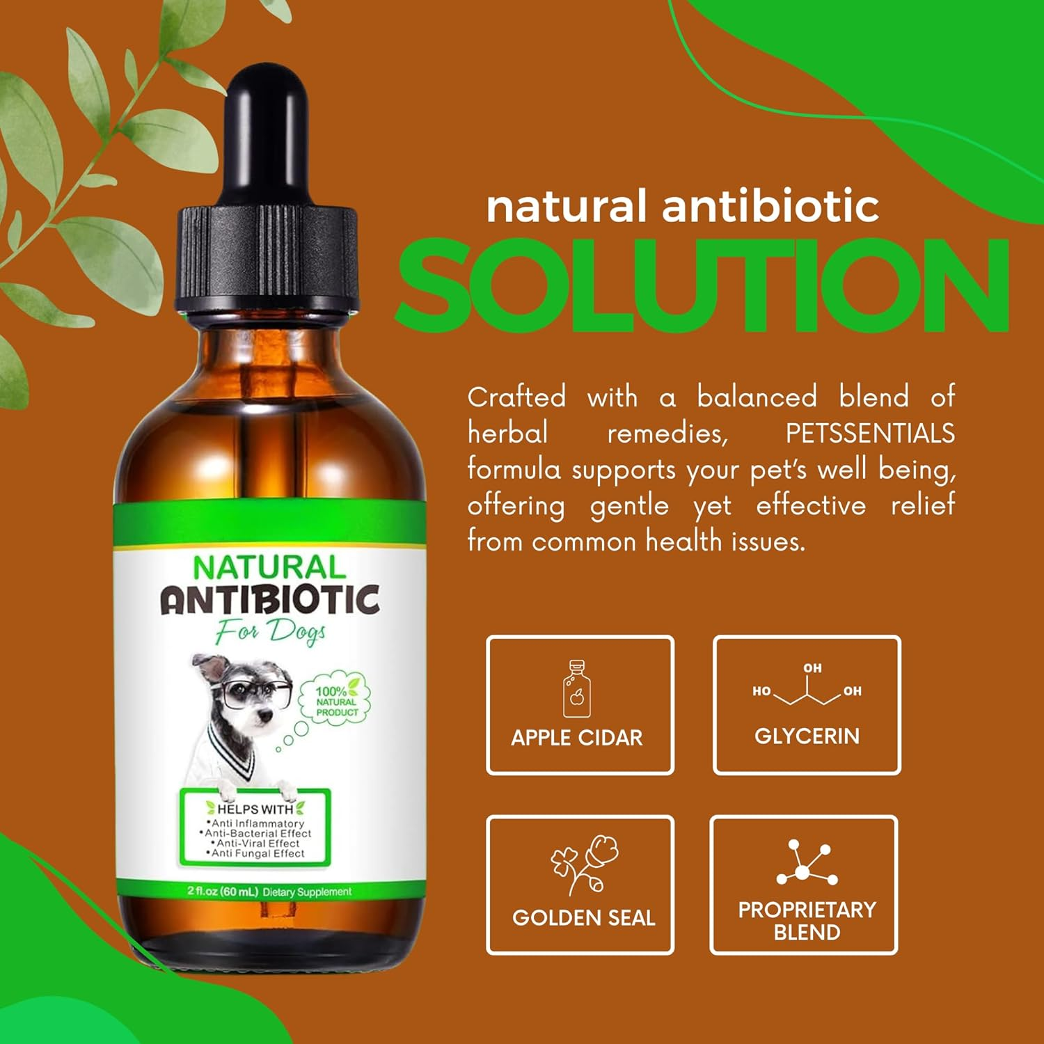 Natural Antibiotics for Dogs 60Ml | All-Natural Dog Antibiotic Supplement for Allergy & Itch Relief | Supports Immune Health & Overall Wellness | Delicious Bacon Flavour image number 1