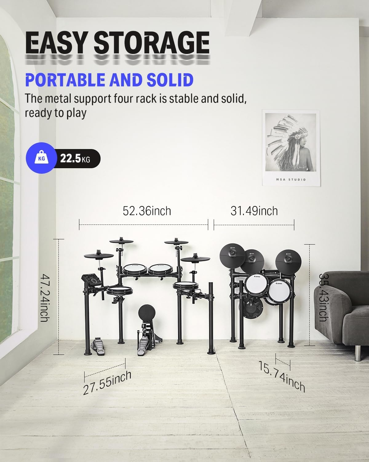 Donner DED200 E Drum Set, E Drums with Quiet Mesh Drum Pads, 2 Cymbals with Choke, 31 Kits and over 450 Sounds, Throne, Headphones, Sticks, USB MIDI, Melody Lessons (5 Pads, 4 Cymbals) image number 6