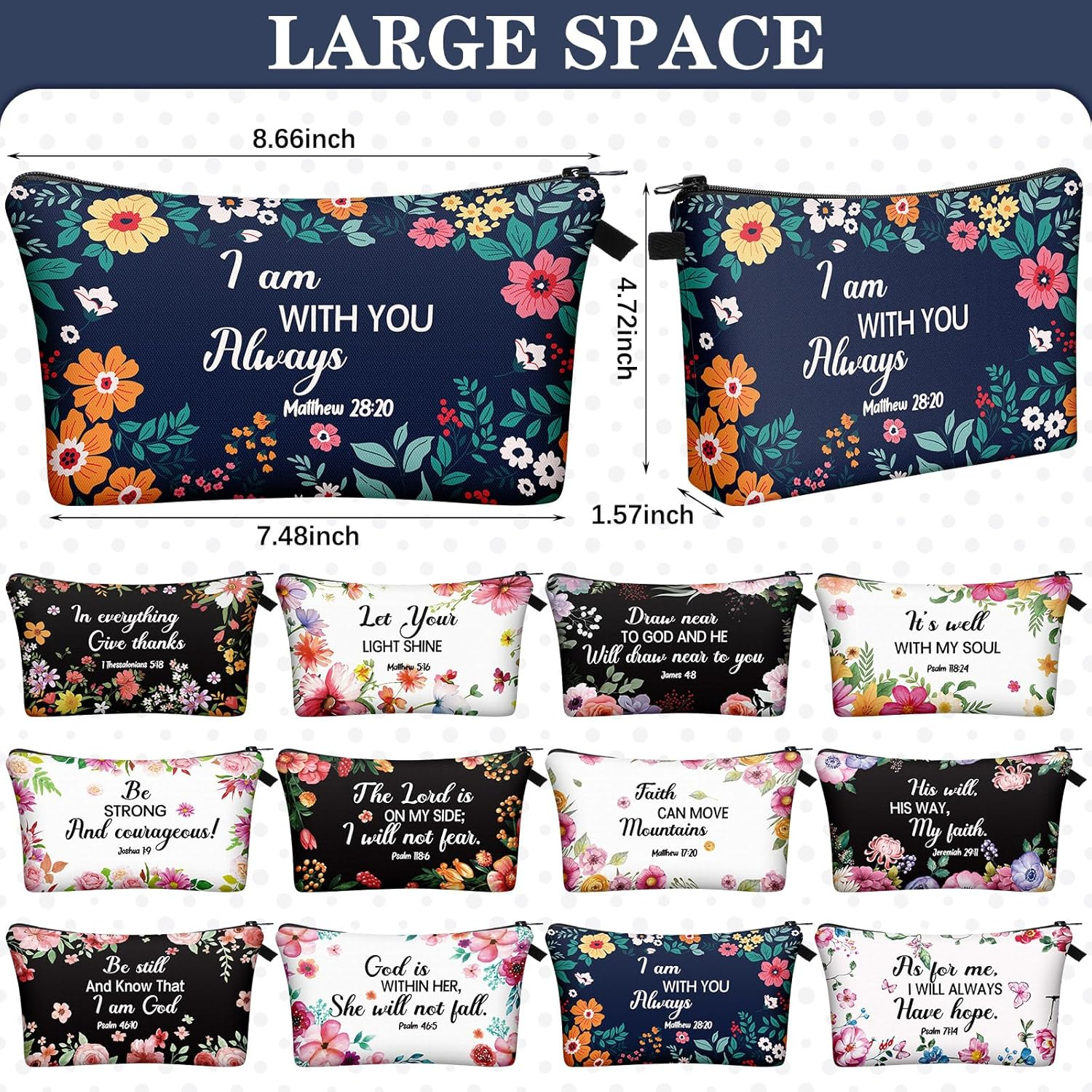 Chunful 12 Pcs Inspirational Christian Gifts Religious Makeup Bags Bulk for Women Bible Verse Flower Cosmetic Bag Thanksgiving Christmas Gift for Church Ladies, 7.48 X 4.72 Inch(Elegant) image number 1