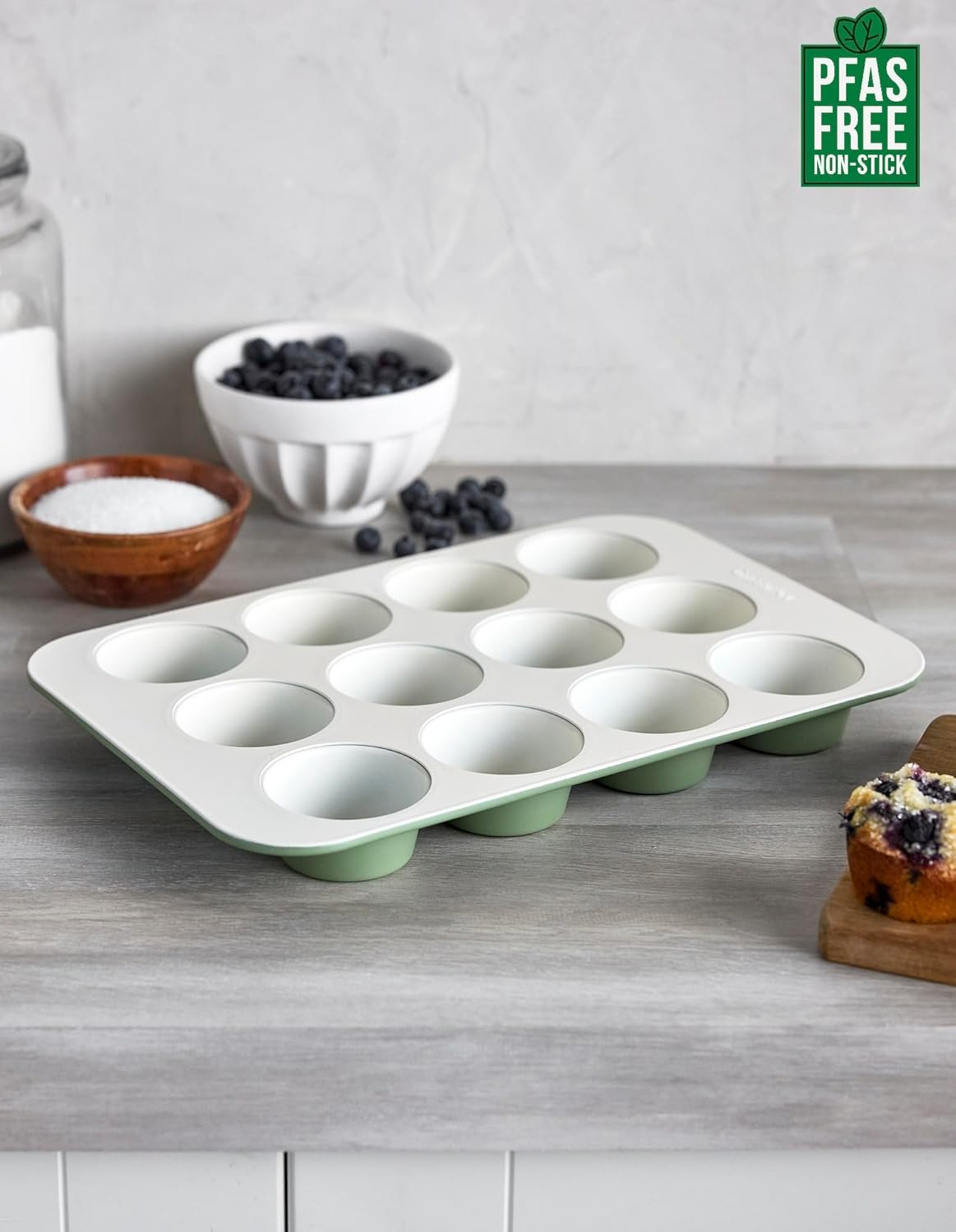 Greenpan Reserve Bakeware 12 Cup Muffin Pan, Ceramic Nonstick Baking Pan, PFAS Free, Gold Handles, Durable Steel, Versatile & Space Saving Ovenware, Freezer to Oven Dish, Sage Green