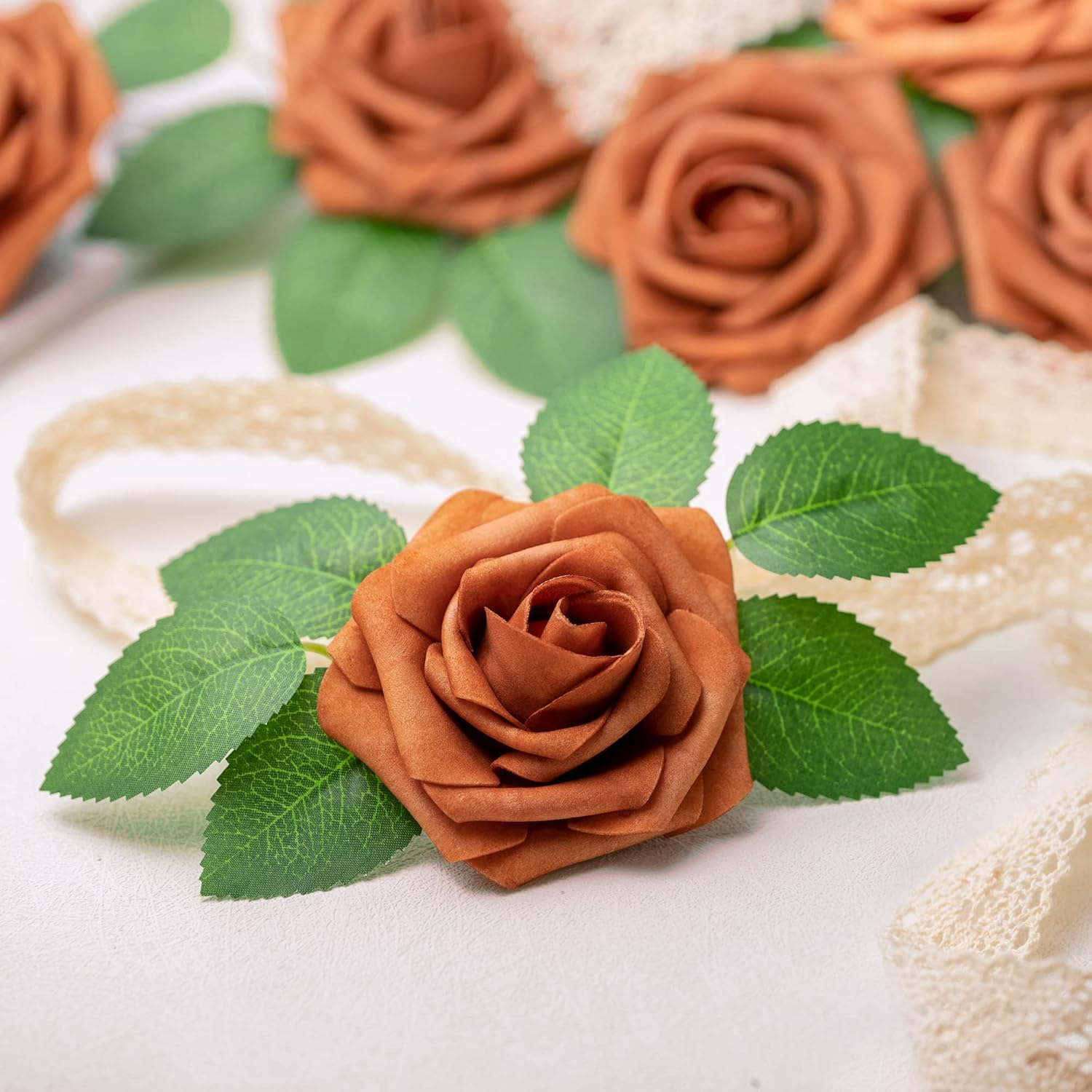 Mocoosy 50Pcs Artificial Rose Flowers, Burnt Orange Fake Roses for Decorations, Real Touch Terracotta Foam Rose Bulk with Stems Rust Floral Arrangements Wedding Valentine'S Day Party Home Table Decor image number 3