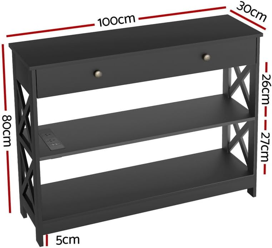 Artiss Console Table 3-Tier Entry Hallway Shelf Drawer Wood Outlets USB Ports image number 4