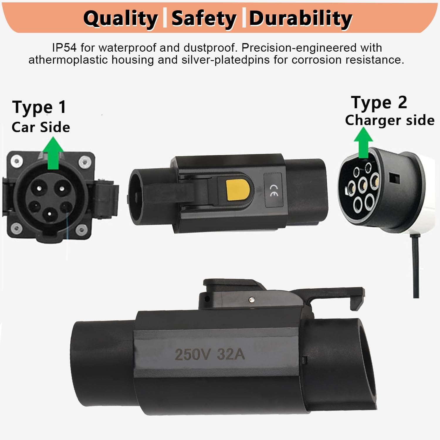 Jiacheng Type 2 to Type 1 EV Adapter (Male to Female), 32A EV Charging Cable Adapter Charger IEC 62196 to SAE J1772 for Electric Vehicles Converter Car Charger Adapter image number 3