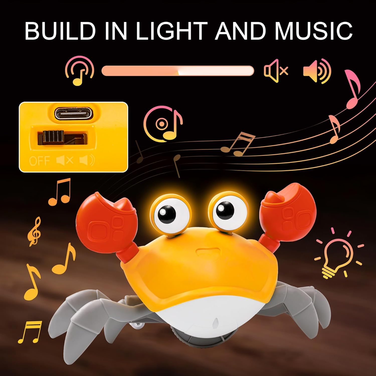 2025 New Crawling Crab Baby Toy, Rechargeable Infant Tummy Time Toys with Music, Lights, 3 Adjustable Speeds＆Silent Function,Crab Crawling Sensory Toy for Toddler, Electronic Pet for Boy Girl (Orange)
