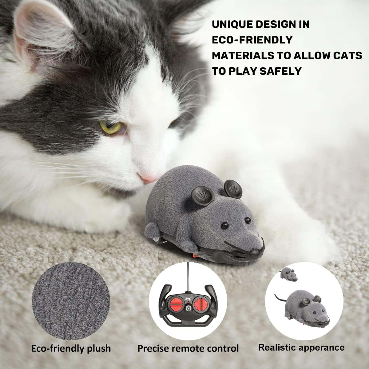 Nicwhite Remote Control Mouse Cat Toy, Interative Moving Cat Toys Wireless Electronic RC Rat Mice Pet Toys for Chase and Exercise (Grey) - Black image number 3