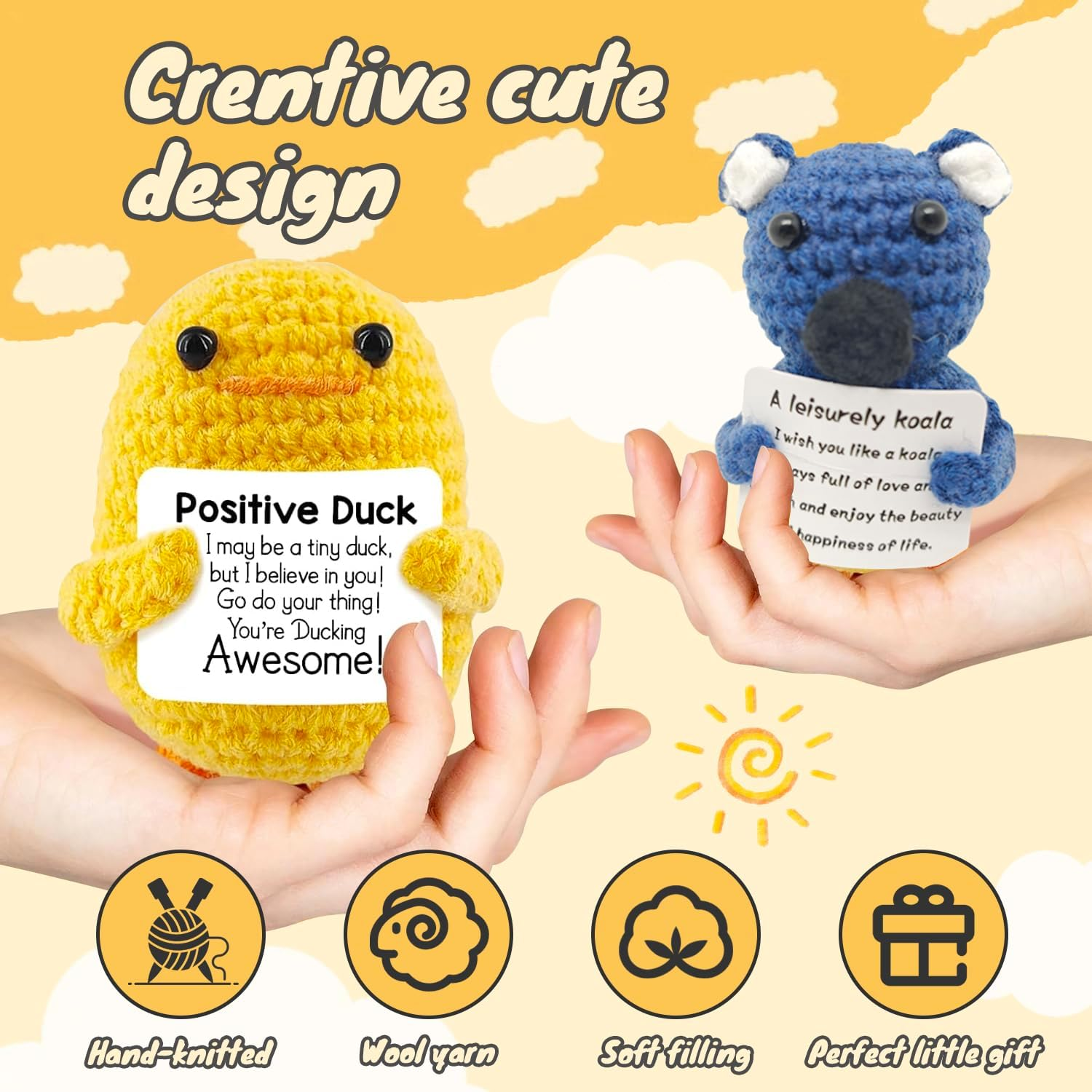 5PCS Positive Crochet Animals Decor, Soft Knitting Cute Handmade Mini Funny Crochet Gifts with Affirmations Cards, Emotional Support Positive Duck for Birthday Xmas Party Gifts Office Home Decor image number 4