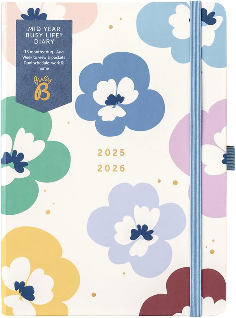 Busy B Diary - A5 Mid-Year Academic Diary - Busy Life Weekly Journal - Aug '25 - Aug '26 &ndash; Floral Print Cover - Life Planner with Dual Schedules, Year Calendar, Pen Loop, Pockets & Elastic Closure image number 1