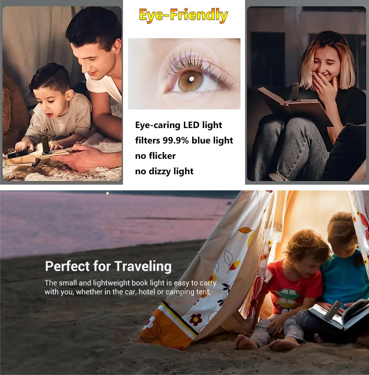 Reelau Book Light USB Rechargeable, Eye Protection Little Reading Light 3 Colours 4 Brightness, Sturdy Clip, Swivel Head for Angle, Long-Lasting Battery, Compact Size, Lightweight Portable Book Light image number 1