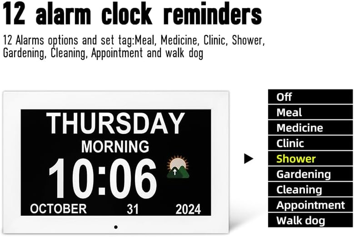 Memwake 10.1 Inches Large Digital Clock，3 Display Modes, Wall Clock with Time and Date, Dementia Clock That Provides Digital Alarms and Digital Calendar for Seniors and Alzheimer'S Patients.(White) image number 6