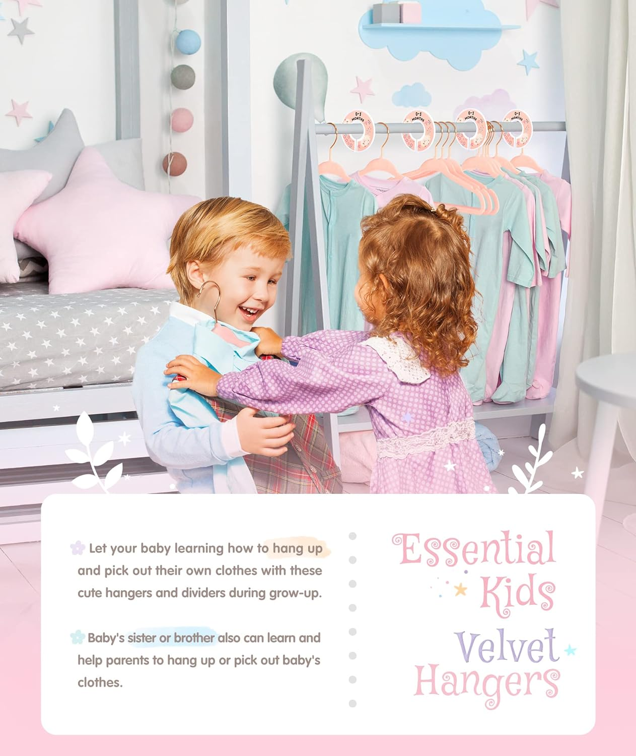 Baby Hangers, VIS'V 11 Inch Pink Velvet Kids Hangers with 6 Pcs Size Dividers Non Slip Nursery Children Closet Clothes Hangers for Infant Toddler Girls & Boys - 30 Pack - 50, Blue image number 4