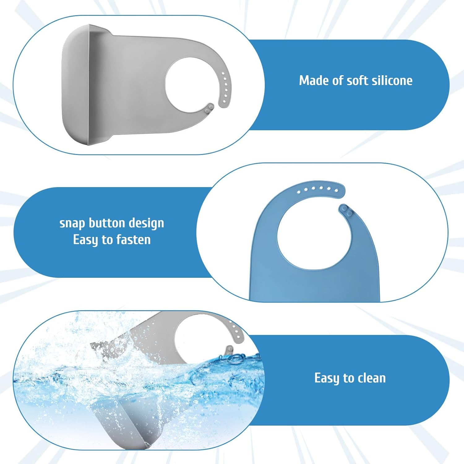 Silicone Bib, 2Pcs Adult Bib, Bibs, Silicone Adult Bibs with Crumb Catcher, Waterproof Clothing Protector, Reusable, Adjustable and Washable Bib, Suitable for Men, Women, Elderly(Blue/Grey) image number 5