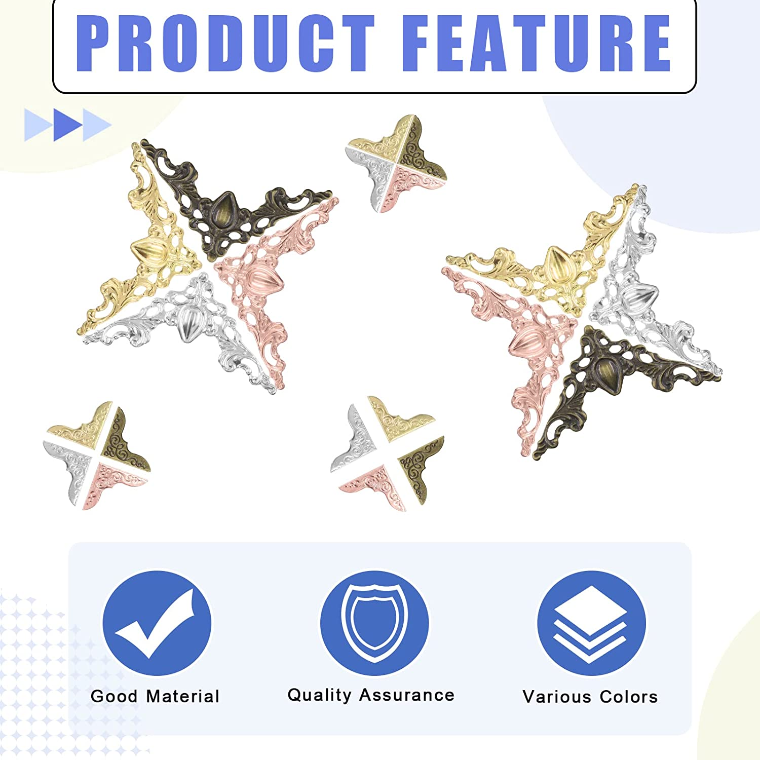 Glarks 160Pcs 4 Colors Metal Book Corners Protector 2 Styles Guard Edge Cover Book Scrapbooking Corner Protector Menus Album Notebook Folder File Corner Decorative Frame Angle Protector Covers image number 2